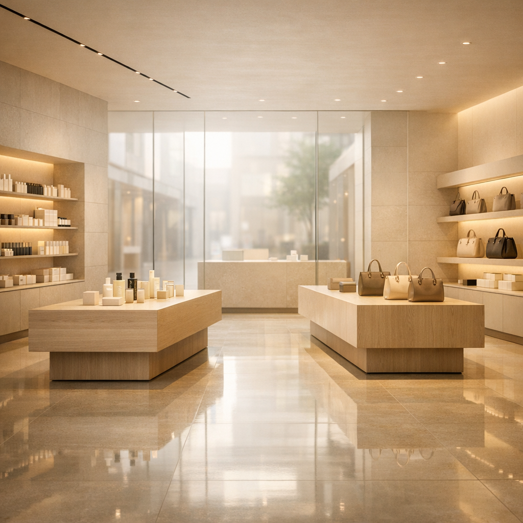 Warm luxury retail store interior with display tables and handbags